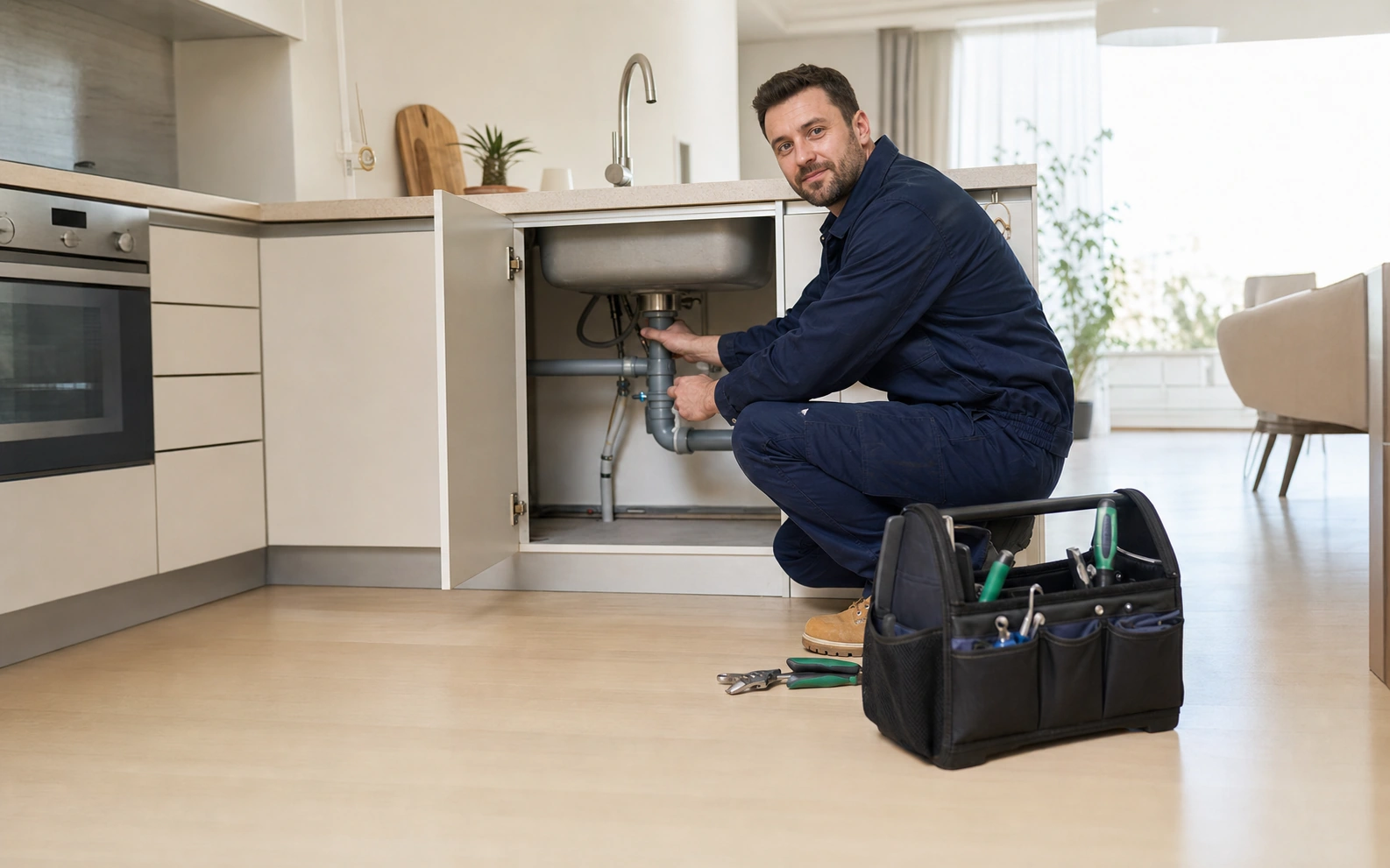 Tehnician care verifică instalația sanitară într-o bucătărie modernă