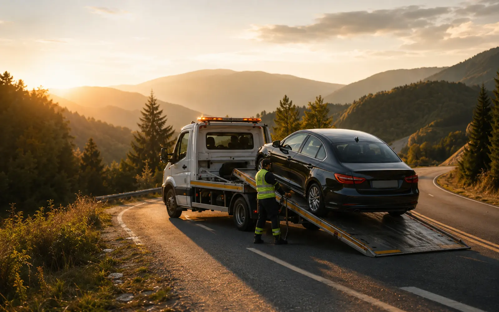 Asistență rutieră pentru un autoturism pe un drum montan