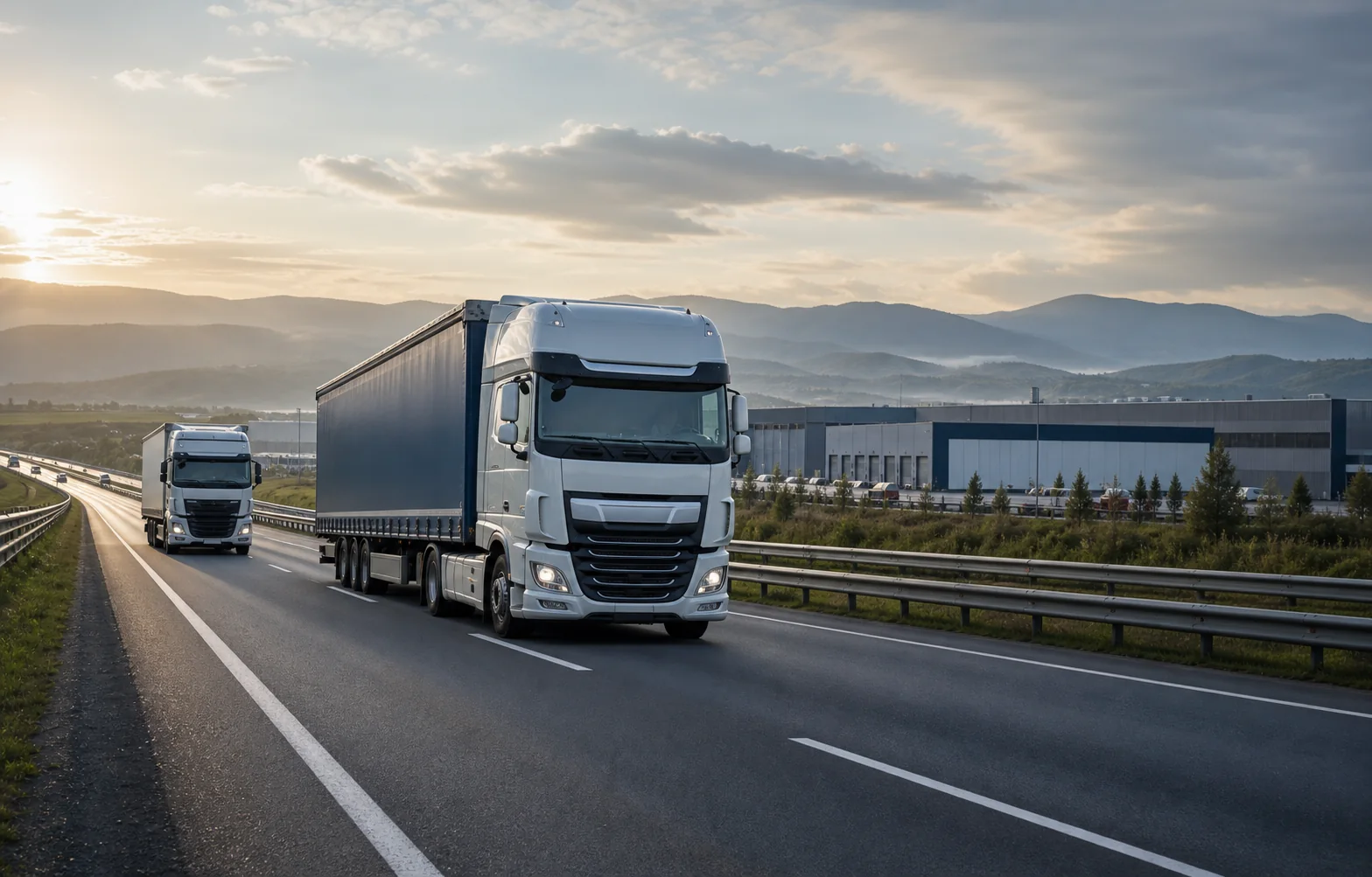 Camioane în transport rutier lângă un centru logistic modern