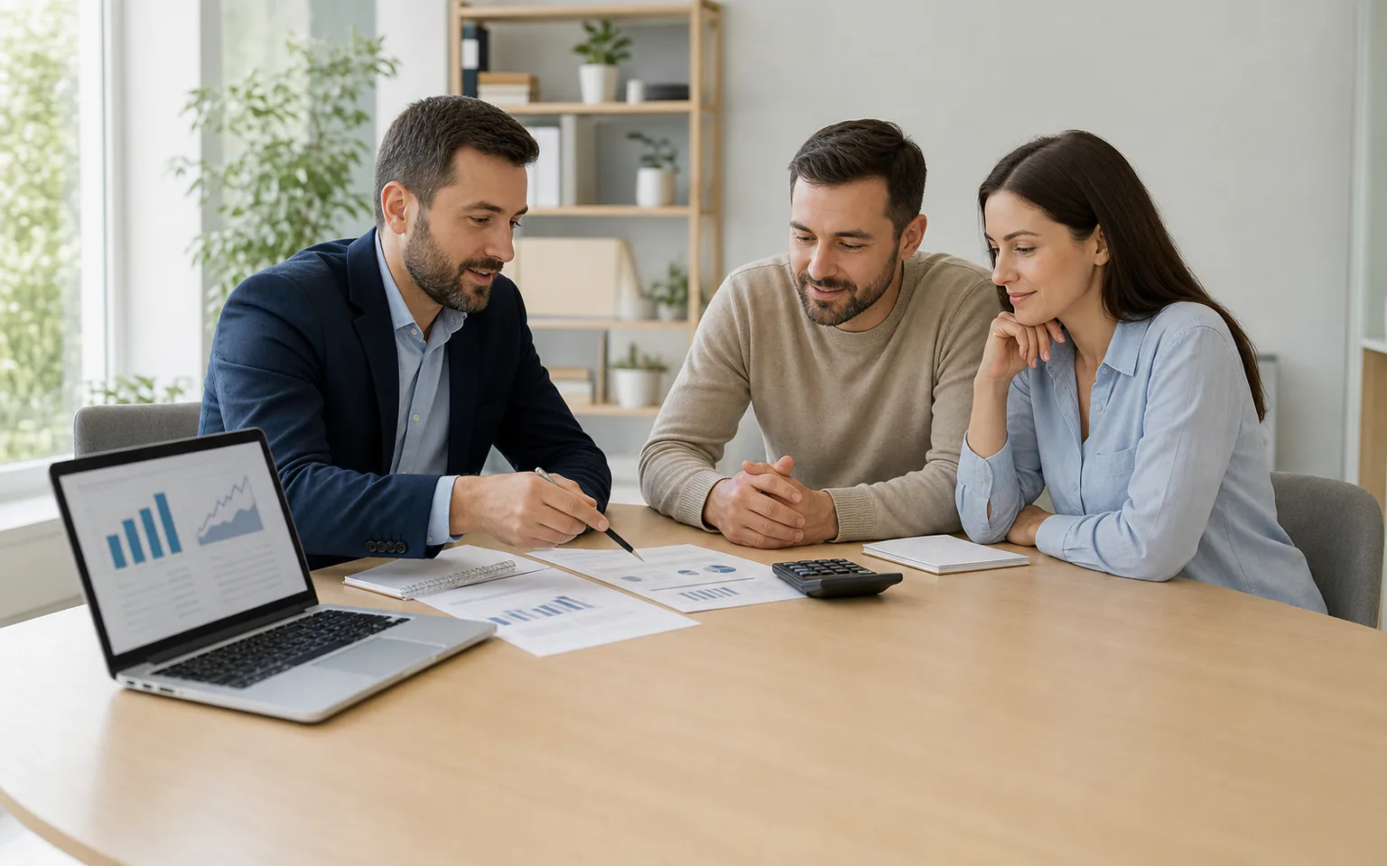 Consultant financiar explicând unui cuplu variantele și costurile unui credit