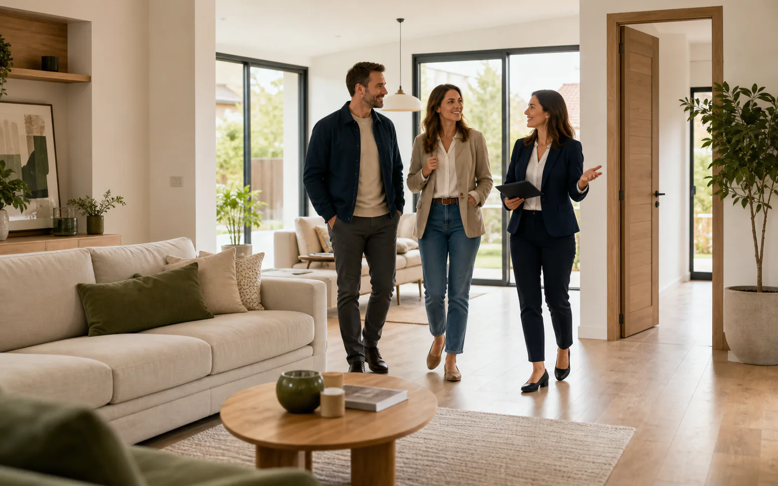 Familie aflată la vizionarea unei locuințe împreună cu un consultant imobiliar